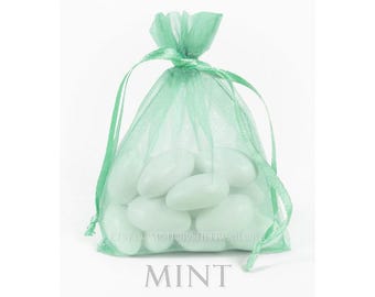 May include: A sheer mint green organza drawstring pouch filled with several smooth white almond-shaped candies. The bag is tied at the top with matching green ribbon strings. The text MINT is printed in a light gray font below the pouch.
