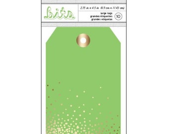 May include: A package of ten large green gift tags with gold foil accents. Each tag is 2.75 x 4.5 inches (6.9 cm x 11.43 cm) and has a gold eyelet. The package has the word "Bits" in a script font.