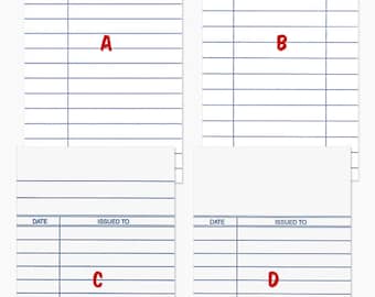 May include: Four library card templates with blue lines and text fields for author, title, and borrower information. The cards are labeled A, B, C, and D. The text "FRONT SIDES" and "MYGRAFTSUPPLIES" are also visible.