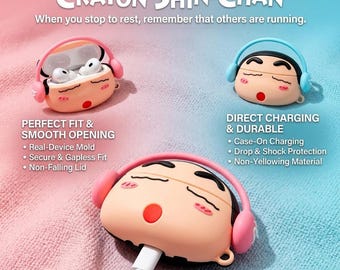 Cute Cartoon Anime AirPods Case, Kawaii Shin Chan Earbuds Cover with Headphones, Funny Gift for Women and Teens