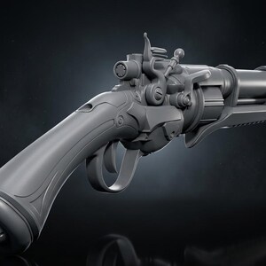 May include: A grey, detailed firearm with a futuristic design. The gun features intricate mechanical components, a long barrel, and a curved handle. The overall aesthetic suggests a blend of steampunk and science fiction.