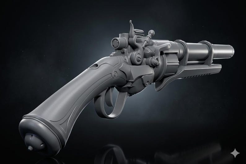 May include: A grey, detailed firearm with a futuristic design. The gun features intricate mechanical components, a long barrel, and a curved handle. The overall aesthetic suggests a blend of steampunk and science fiction.