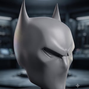May include: A matte gray full-head helmet featuring two pointed ears at the top and angular, recessed eye openings. The helmet has a smooth, contoured surface that covers the face and head, resting on a black base in a dark, blurred environment.