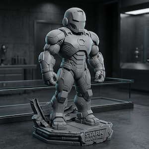 May include: A gray, unpainted figurine of a robotic armored character standing on a detailed base. The base features the text STARK INDUSTRIES embossed on the front. The figure has a helmet, chest plate, and articulated armor plating throughout.