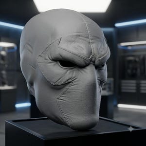 May include: A grey, textured, full-head mask featuring a stitched, angular eye-mask overlay. The mask has a smooth, leather-like surface with visible seams around the eye sockets and nose bridge, creating a contoured, form-fitting appearance.