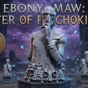 Puede incluir: Estatua gris de Ebony Maw, el Maestro de la Psicokinesis, con un dedo en los labios. La imagen incluye un busto de exhibición de coleccionista y versiones más pequeñas de 7.6, 15.2, 30.5 y 45.7 cm. El texto dice "EBONY MAW: MASTER OF PSYCHOKINESIS."