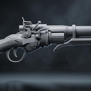May include: A detailed, grey antique pistol with a long barrel and ornate handle. The firearm features a trigger, hammer, and cylinder, showcasing intricate design elements. The background is a dark, blurred gradient.