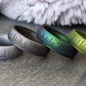 Forest Ring Silicone Ring, Personalized Tree Hugger Green Ring Gift Him Her, Custom Engraved Anniversary Rubber Wedding Band Engagement 6mm