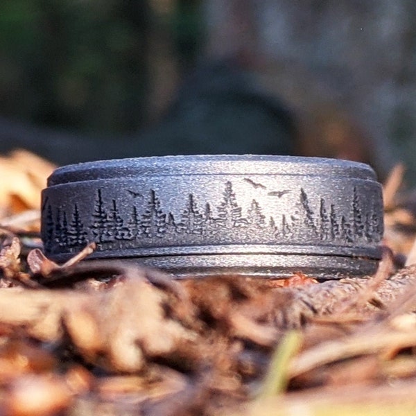 Forest Ring Silicone Ring, Personalized Nature Lover Tree Hugger Gift Men, Custom Engraved Anniversary Rubber Wedding Band Engagement Ring