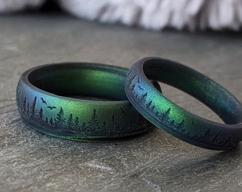 Forest Ring Silicone Ring, Personalized Tree Hugger Green Ring Gift Him Her, Custom Engraved Anniversary Rubber Wedding Band Engagement 6mm