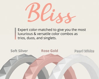 Bliss 3-Pack Thin Silicone Rings - Rose Gold, Silver, Pearl White Stackable Rings for Women, Soft Cute Slim Narrow Pyramid Wedding Bands