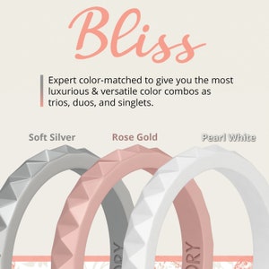 Bliss 3-Pack Thin Silicone Rings - Rose Gold, Silver, Pearl White Stackable Rings for Women, Soft Cute Slim Narrow Pyramid Wedding Bands