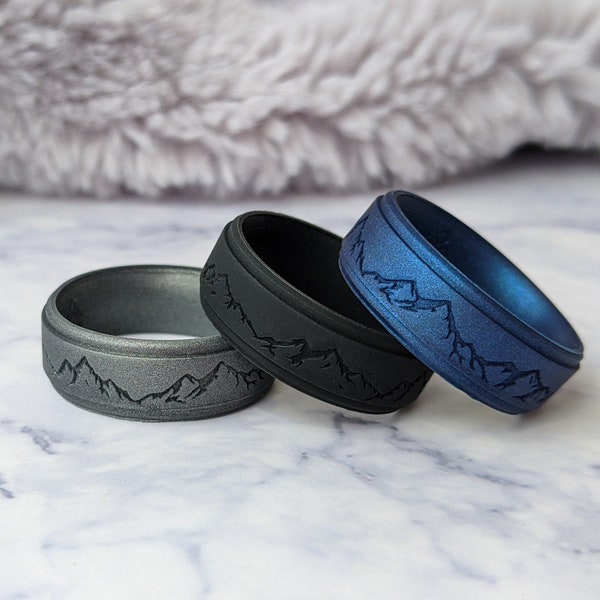 Mountain Ring, Personalizable Silicone Wedding Ring for Men Husband Anniversary Gift, Custom Engraved Breathable Rubber Wedding Band