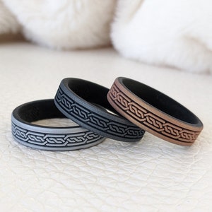 Engraved Celtic Silicone Ring Dual Layer Silver Dark Silver or
