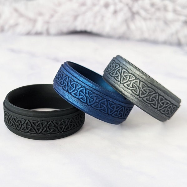 Engraved Trinity Knot Silicone Ring, Black Blue or Dark Silver Celtic Silicone Wedding Ring Gift Men, Custom Anniversary Rubber Wedding Band