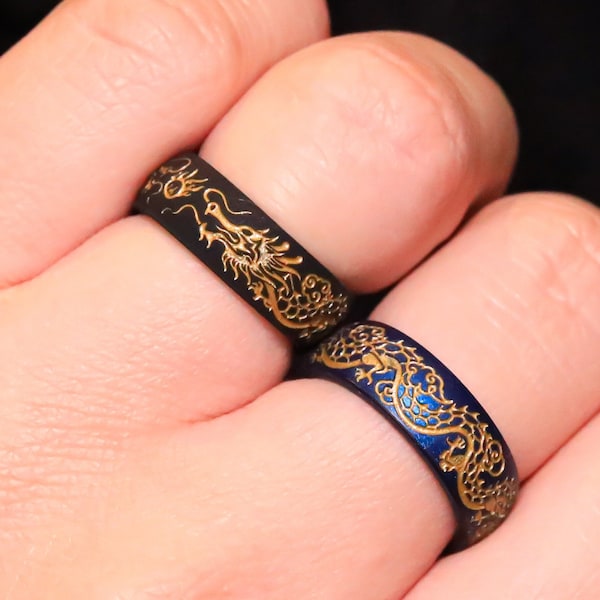 Dragon Silicone Ring - Breathable Comfort Fit 6mm Band - Black, Blue, Dark Silver, or Silver, Engraved Silicone Wedding Ring Husband Gift