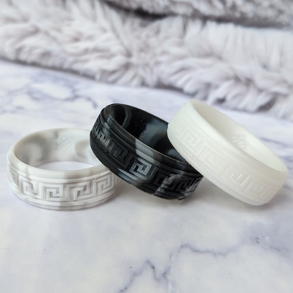 Engraved Greek Key Silicone Ring, Personalized Silicone Wedding Ring Gift Men, Black White Marble Custom Anniversary Rubber Wedding Band