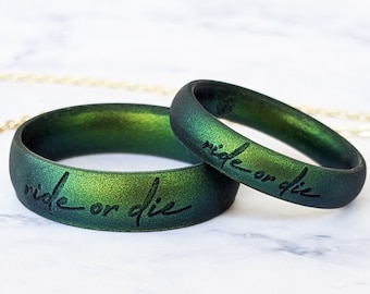 Ride or Die Ring, Engraved Northern Lights Green Gold Silicone Ring Men Women, Anniversary Gift for Husband Couple BFF, Silicon Wedding Ring
