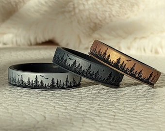 Engraved Forest Silicone Ring, Dual Layer in Silver, Dark Silver, or Gold, Personalized Silicone Wedding Ring Husband Boyfriend Groom Gift