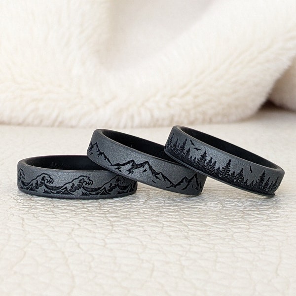 Dark Silver Silicone Ring in Mountain, Forest, or Waves - Engraved Dual Layer Silicone Wedding Ring, Husband Wife Boyfriend Girlfriend Gift