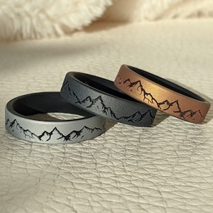 Engraved Mountain Silicone Ring, Dual Layer in Silver, Dark Silver, or Gold, Personalized Silicone Wedding Ring Husband Boyfriend Groom Gift