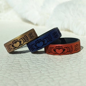 Engraved Claddagh Silicone Ring, Dual Layer in Antique Gold, Red or Blue, Personalized Celtic Silicone Wedding Ring Band, Anniversary Gift