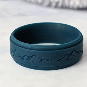 Engraved Mountain Silicone Ring, Personalized Teal Silicone Wedding Ring Gift Men, Custom Breathable Anniversary  Rubber Wedding Band