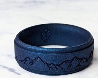 Engraved Mountain Silicone Ring, Personalized Blue Silicone Wedding Ring Men Husband Gift, Custom Breathable Step Edge Rubber Wedding Band
