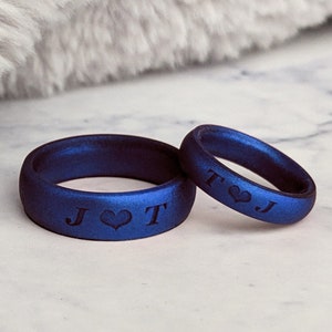 Engraved Blue Silicone Ring for Men Women, Personalized Silicone Wedding Ring Band His Hers Silicone Engagement Husband Wife Gift Him Fiance