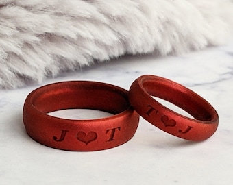 Engraved Red Silicone Ring Men Women, Personalized Silicone Wedding Ring His Hers Silicone Wedding Band Engagement Husband Gift Him Fiance