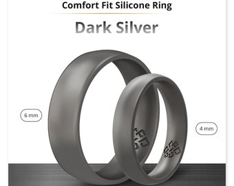 Dark Silver Silicone Ring for Men and Women 6mm, Birthday Anniversary Gifts for Him and Her, Couples Promise Ring, Silicone Wedding Band