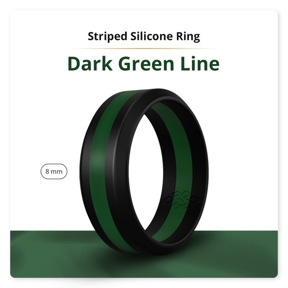 Green Black Silicone Ring for Men Bevel Green Stripe Rubber