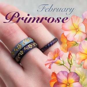 Primrose Silicone Ring, February Birth Flower, Breathable Comfort Fit Silicone Wedding Band Engraved Engagement Promise Ring Travel Ring