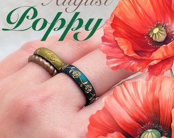 Poppy Silicone Ring, August Birth Flower, Breathable Comfort Fit Silicone Wedding Band Engraved Engagement Promise Ring Safe Travel Ring