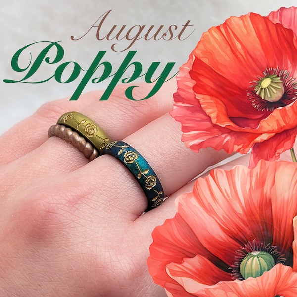 Poppy Silicone Ring, August Birth Flower, Breathable Comfort Fit Silicone Wedding Band Engraved Engagement Promise Ring Safe Travel Ring