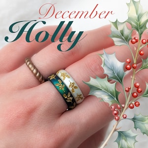 Holly Silicone Ring, December Birth Flower, Breathable Comfort Fit Silicone Wedding Band Engraved Engagement Promise Ring Safe Travel Ring