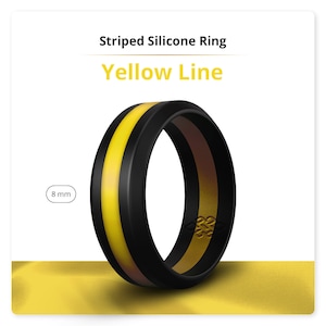 Yellow and Black Silicone Ring for Men - Bevel Yellow Stripe Rubber Wedding Band for Him - Husband Anniversary Birthday Safe Thoughtful Gift