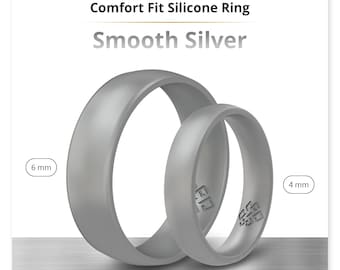 Silver Silicone Ring for Him and Her - Breathable Comfort Fit Rubber Wedding Band - 4mm or 6mm His and Hers