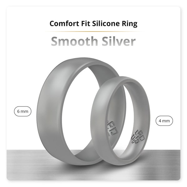 Silver Silicone Ring for Him and Her - Breathable Comfort Fit Rubber Wedding Band - 4mm or 6mm His and Hers