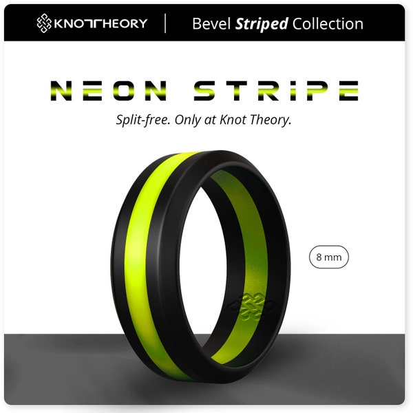 Neon Yellow & Black Silicone Ring for Men - Bevel Neon Stripe Rubber Wedding Band for Him - Gym Workout Thoughtful Husband Boyfriend Gift