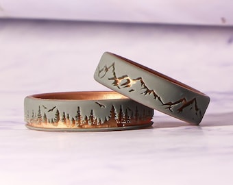 Mountain or Forest Silicone Ring in Sage Green & Gold, Nature Outdoor Lovers 6mm Silicone Wedding Ring Anniversary Engagement Gift Husband