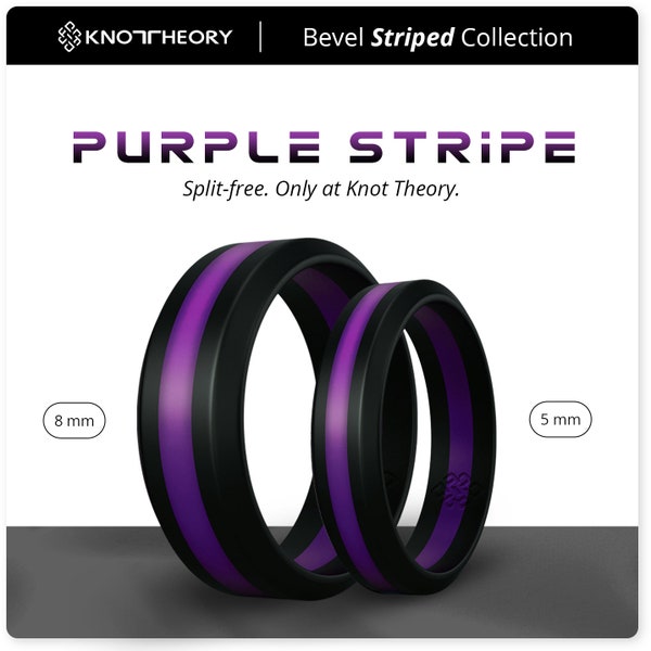 Black and Purple Stripe Silicone Ring Bands for Men and Women by Knot Theory - Anniversary Gift for Him & Her