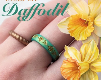 Daffodil Silicone Ring, March Birth Flower, Breathable Comfort Fit Silicone Wedding Band Engraved Engagement Promise Ring Safe Travel Ring
