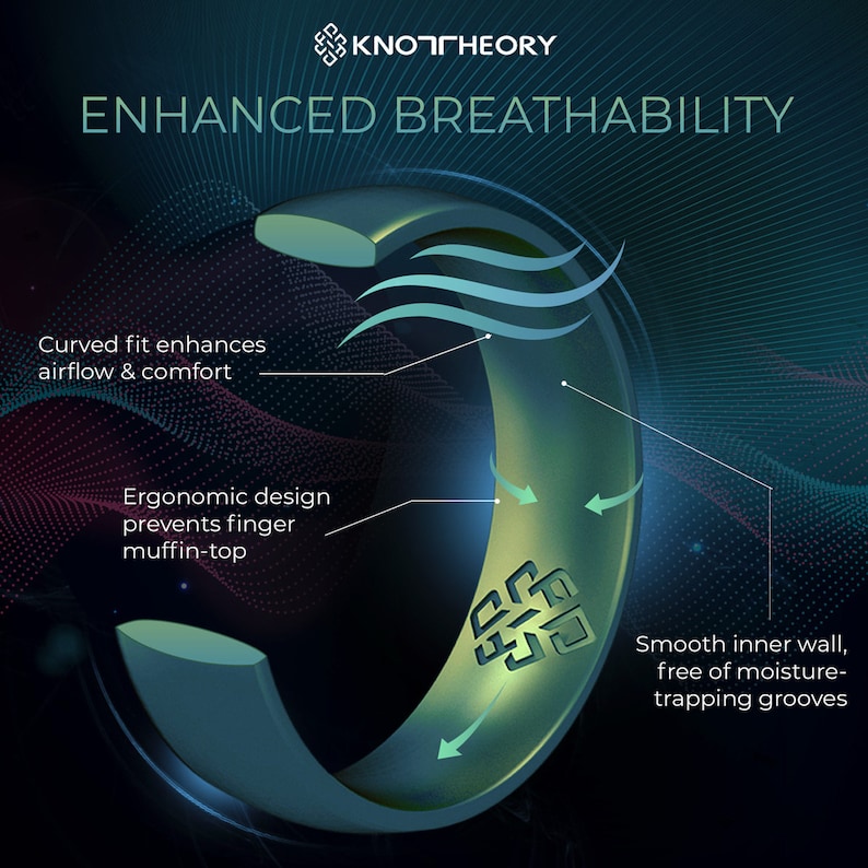 May include: A green and gold ring with a knot design. The ring has a curved fit to enhance airflow and comfort. The ergonomic design prevents finger muffin-top. The smooth inner wall is free of moisture-trapping grooves.