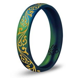 Filigree Silicone Ring for Women in Rose Gold, Green, or White, Engraved Silicone Wedding Band Promise Ring