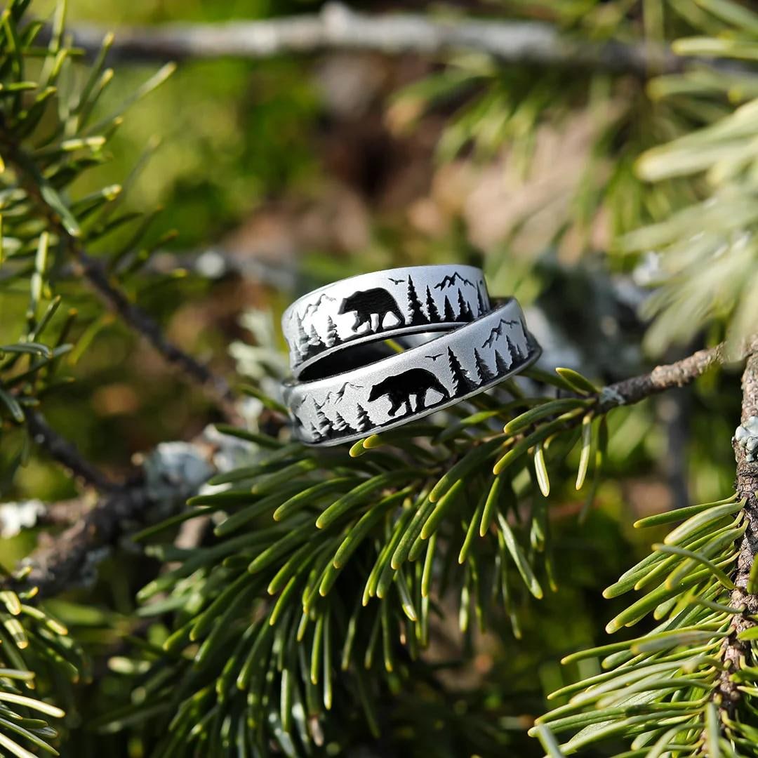 Tree Rings Bear Bear Country Silicone Ring in Silver or Green, Nature Tree Lover Hunter ...