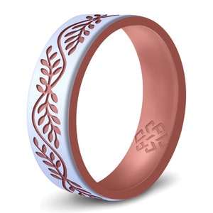 White Lace Rose Gold Silicone Ring Women, Filigree, Floral, Laurel Leaf, or Heart Vine Engraved Silicone Wedding Band, Promise Ring Proposal