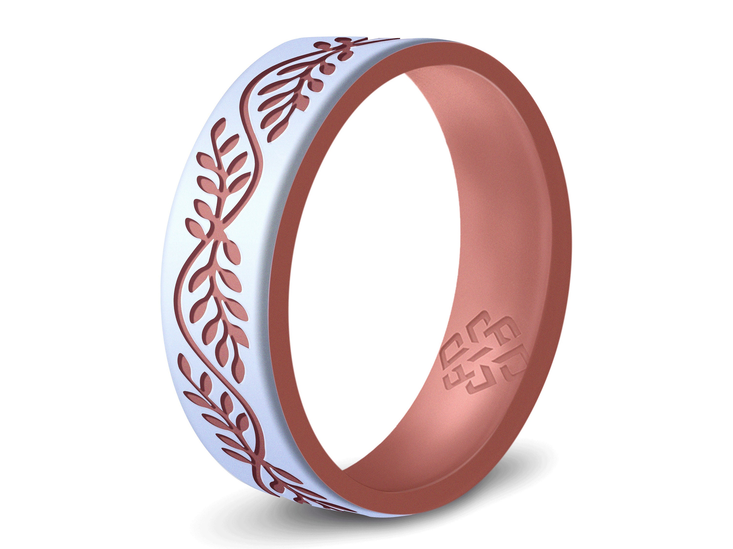 White Lace Rose Gold Silicone Ring Women, Filigree, Floral, Laurel Leaf, or Heart Vine Engraved Silicone Wedding Band, Promise Ring Proposal