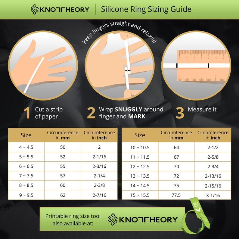 May include: Silicone ring sizing guide with instructions: cut paper, wrap snugly, and measure. Includes a size chart with measurements in inches and millimeters, ranging from size 4 (2 inches, 50 mm) to 15-15.5 (3-1/16 inches, 77.5 mm).