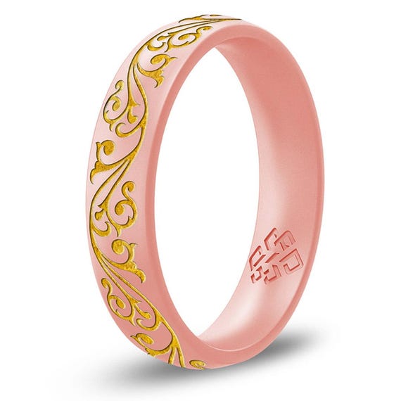 Filigree Silicone Ring for Women in Rose Gold Green or White Engraved Silicone Wedding Band Promise Ring